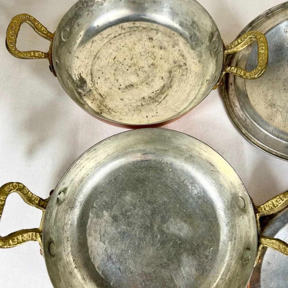 Old Vintage Copper Pans Skillets with Brass Handles